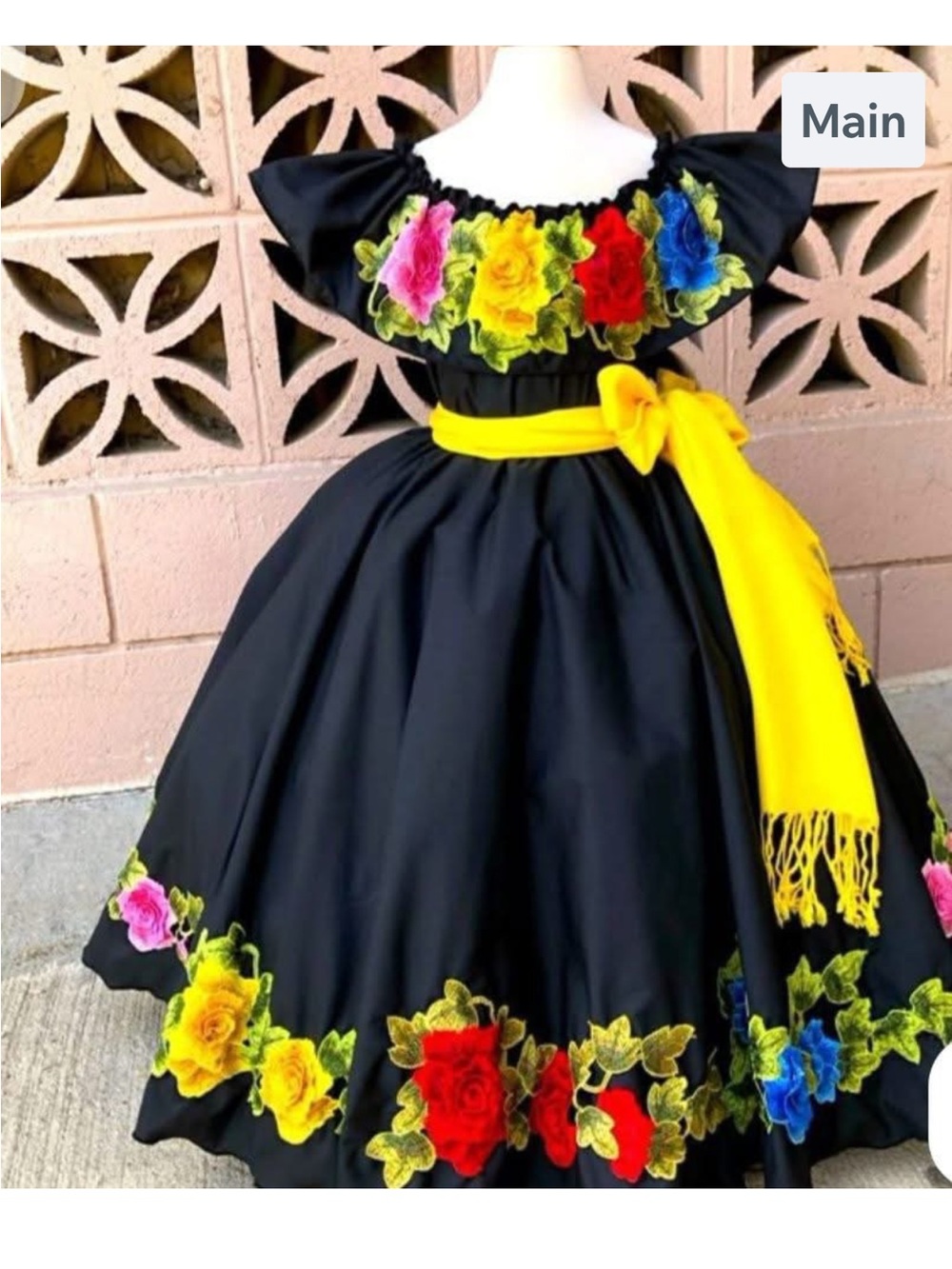 Girls Black Floral Embroidered Fiesta Dress with Yellow Sash